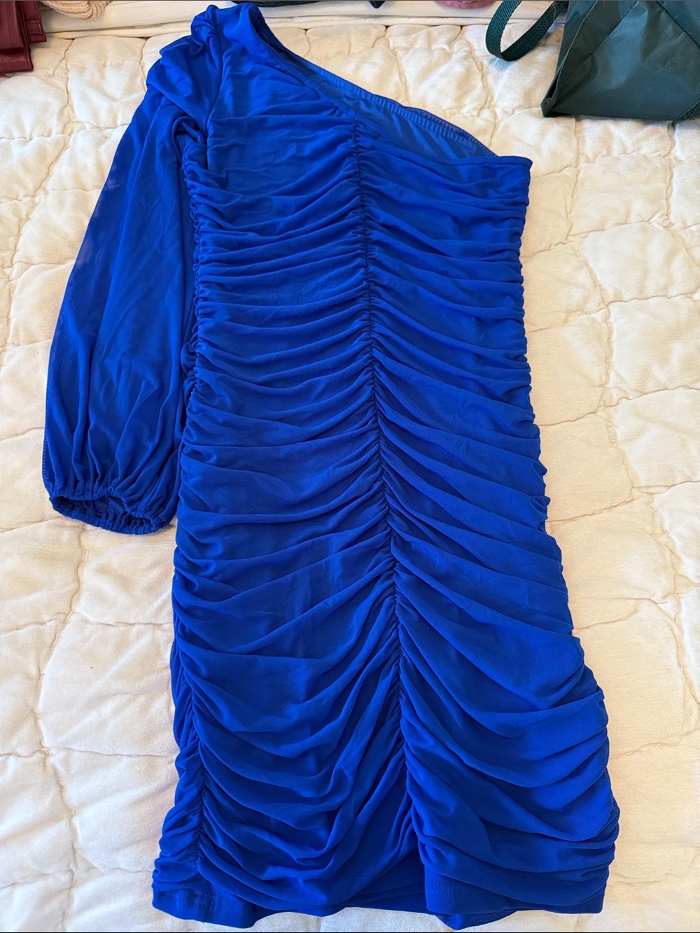 One-Shoulder Cobalt Ruched Mini Dress - Picture 5 of 5